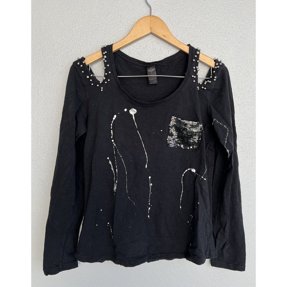 Zarga Black Metallic Silver Sleeves Embellishments blouse Top Shirt Womens XL